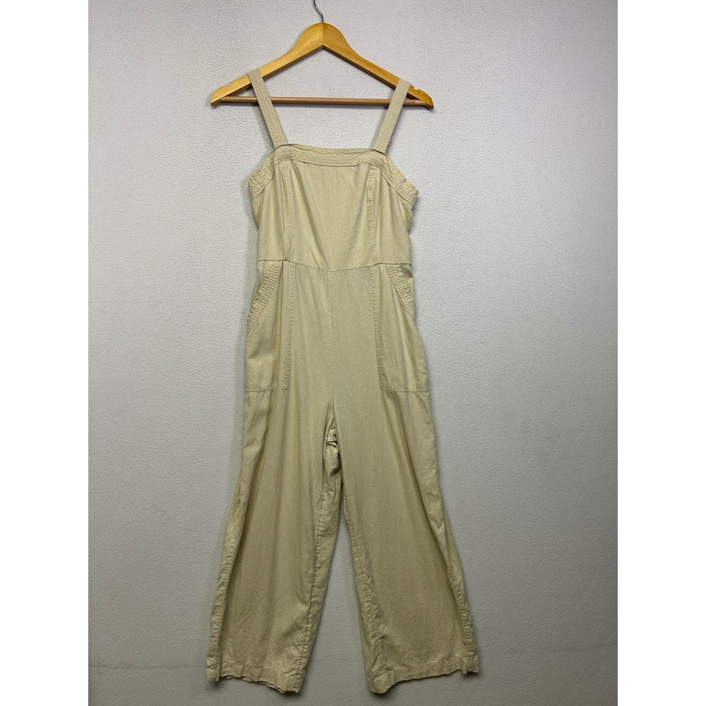 Boho Coastal Old Navy Womens Small Beige Linen Blend Smocked Wide Leg Jumpsuit